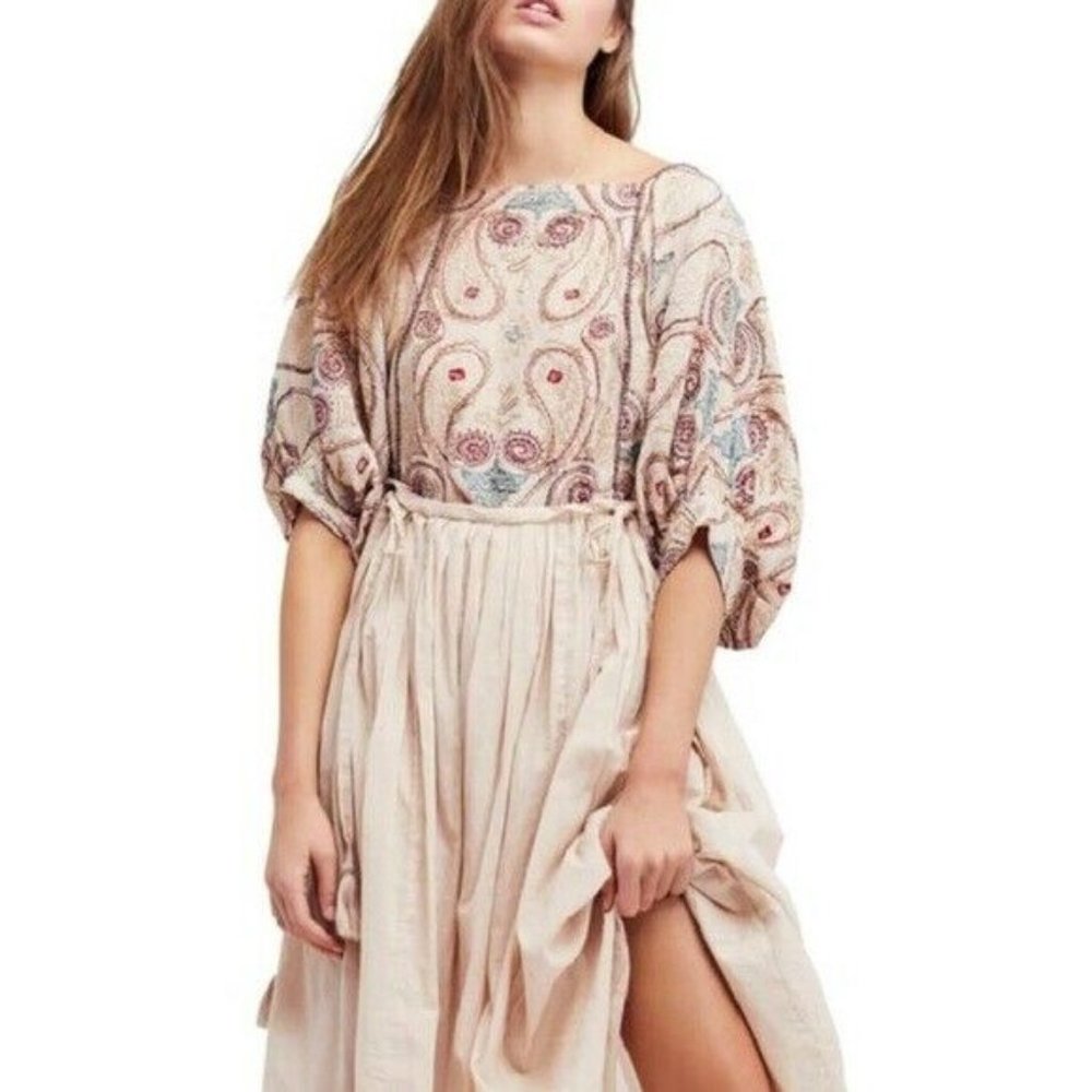 Mesa Beige Embroidered Cut-out Boho Midi Dress